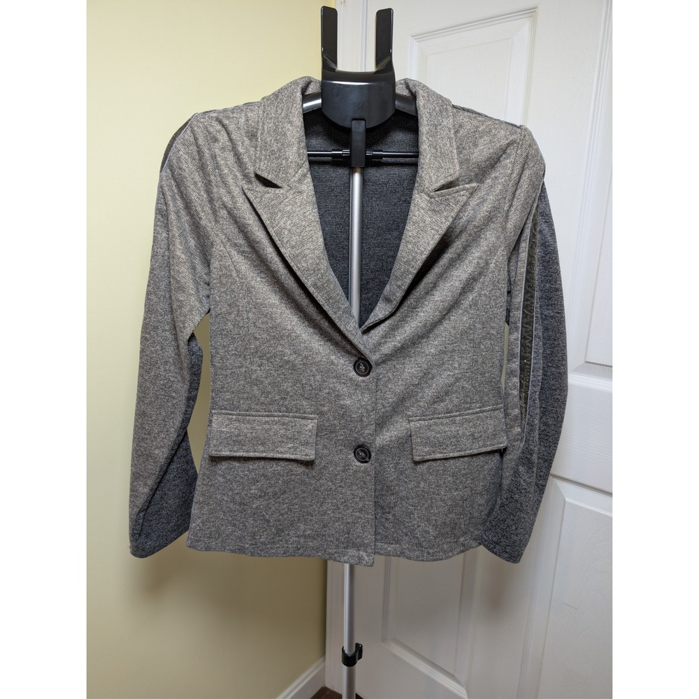 Mystree Mixed Media Blazer Women Grey Metallic Gold Stripe Two Button Jacket
